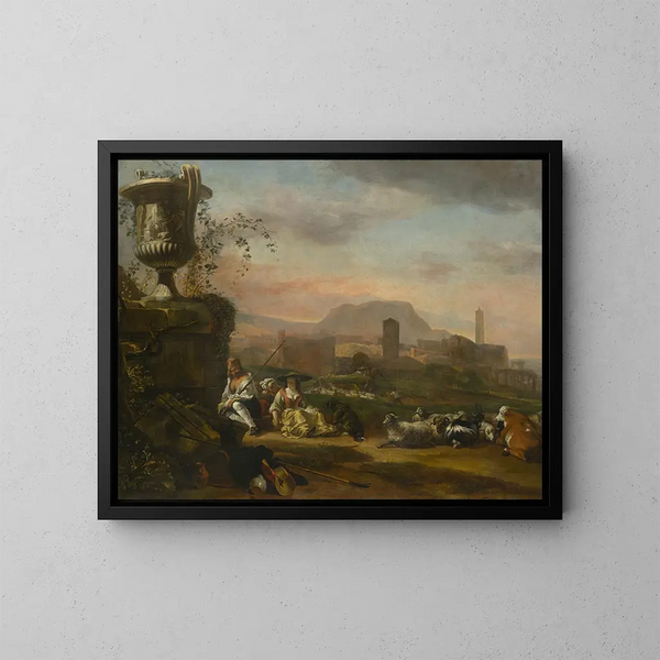Landschaft im römischen Stil mit Hirten - Jan Baptist Weenix — gerahmtes Bild an der Wand