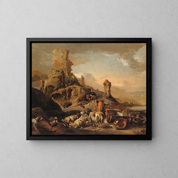 Bergère et son troupeau sur un chemin - Jan Baptist Weenix — gerahmtes Bild an der Wand