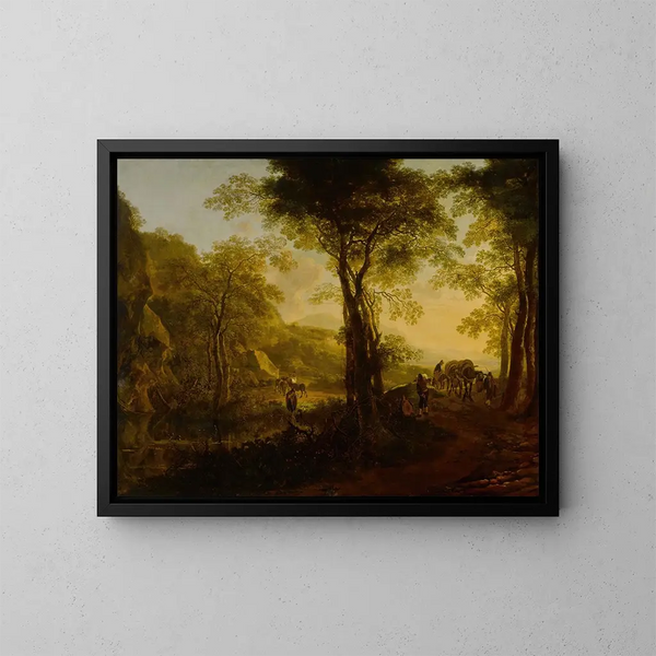 Landschaft im Kursivstil bei Sonnenuntergang mit Reisenden auf einem Landweg - Jan Both — gerahmtes Bild an der Wand