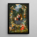 Die Heilige Familie in einer Girlande aus Früchten, Blumen und Gemüse gehalten von Engeln - Jan Brueghel der Jüngere — gerahmtes Bild an der Wand