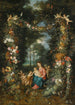 Die Jungfrau und das Kind mit dem kleinen Heiligen Johannes dem Täufer, umgeben von Girlanden und Festons aus Früchten und Blumen - Jan Brueghel der Jüngere — Ansicht des Kunstwerks