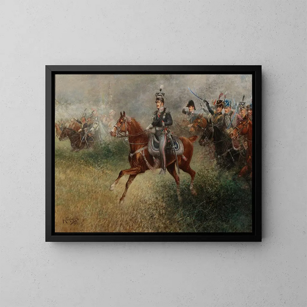 Der Prinz Jozef Poniatowski führt die Armee bei Leipzig an - Jan Chełmiński — gerahmtes Bild an der Wand
