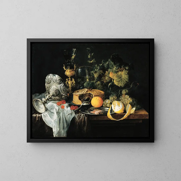 Naturmorte mit köstlichem Obstkuchen und Schalen - Jan Davidsz de Heem — gerahmtes Bild an der Wand