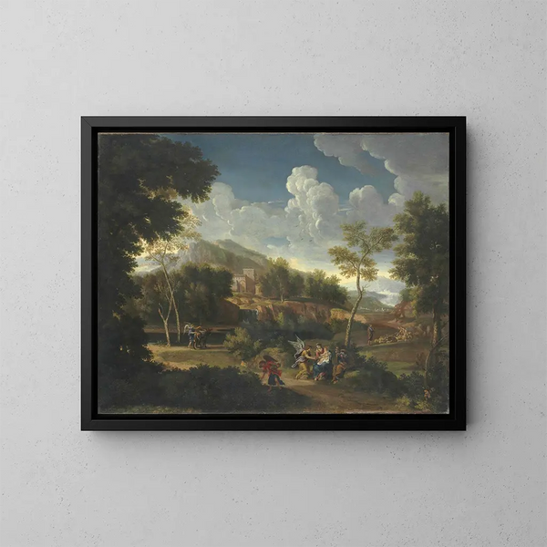 Ein weites Landschaft mit der Ruhe während der Flucht nach Ägypten - Jan Frans van Bloemen — gerahmtes Bild an der Wand