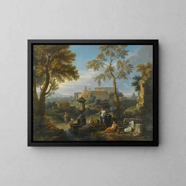 Figuren klassisch sitzend in der Nähe von Ruinen in einer italienischen Landschaft - Jan Frans van Bloemen — gerahmtes Bild an der Wand
