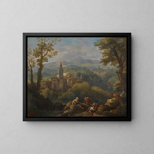 Landschaft kursiv mit drei Figuren im Vordergrund, aufgeständerte Dörfer und eine Kirche in der Ferne - Jan Frans van Bloemen — gerahmtes Bild an der Wand
