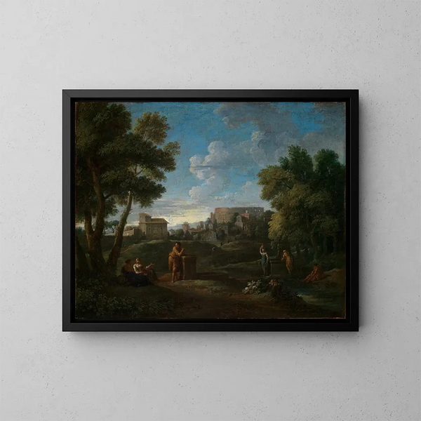 Klassische Landschaft bei Rom mit Blick vom Palatin auf das Kolosseum - Jan Frans van Bloemen — gerahmtes Bild an der Wand