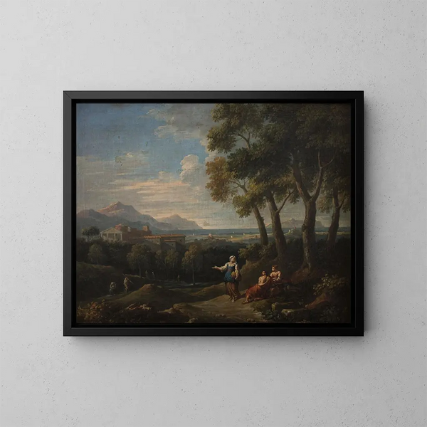 Landschaft mit einer Genreszene - Jan Frans van Bloemen — gerahmtes Bild an der Wand