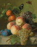 Naturstillleben mit Pfirsichen, Trauben und Pflaumen auf einem Steinsockel mit einem Vogel und einem Schmetterling - Jan Frans van Dael — Ansicht des Kunstwerks