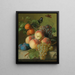 Naturstillleben mit Pfirsichen, Trauben und Pflaumen auf einem Steinsockel mit einem Vogel und einem Schmetterling - Jan Frans van Dael — gerahmtes Bild an der Wand