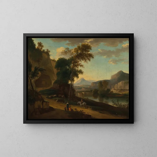 Ein weites Flusslandschaft mit Reisenden - Jan Hackaert — gerahmtes Bild an der Wand