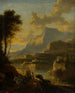 Landschaft mit Bergpanorama und Reiter bei Sonnenuntergang - Jan Hackaert — Ansicht des Kunstwerks