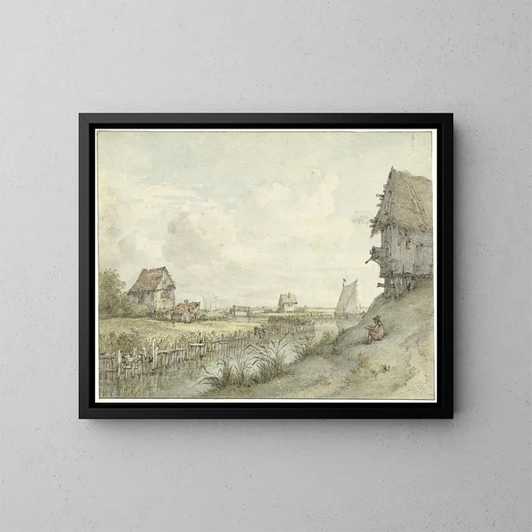 Flusslandschaft mit einem Zeichner, der zwischen Hütten skizziert - Jan Hulswit — gerahmtes Bild an der Wand