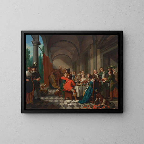 Ein elegantes Abendessen in einer Arkade - Jan Josef Horemans der Ältere — gerahmtes Bild an der Wand