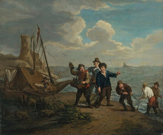 Jan Josef Horemans the Younger - A peddler hawking spirits to fishermen along a windy shoreline.webp