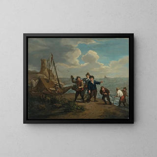 Jan Josef Horemans the Younger - A peddler hawking spirits to fishermen along a windy shoreline.webp