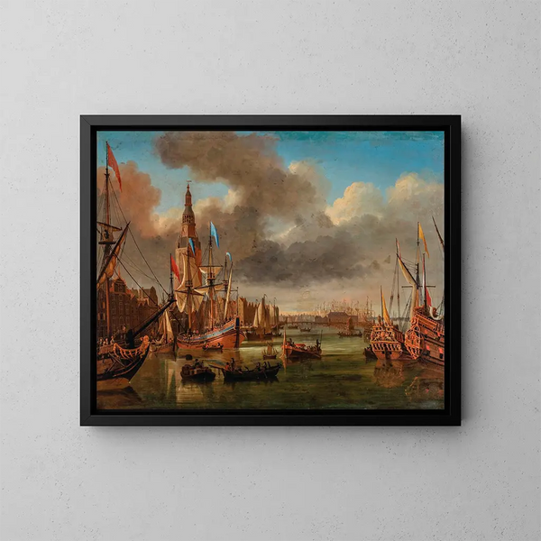 Ansicht des IJ in Amsterdam mit dem Haringpakkerstoren und der Nieuwe Stadsherberg in der Ferne - Jan Karel Donatus van Beecq — gerahmtes Bild an der Wand