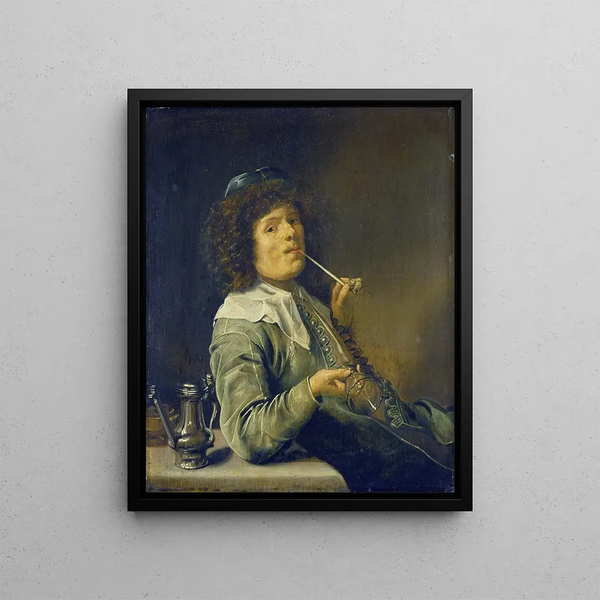 Mann rauchend und ein leeres Weinglas haltend - Jan Miense Molenaer — gerahmtes Bild an der Wand