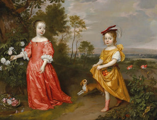 Jan Mijtens - Double portrait of two children in a landscape a dog at their side.webp