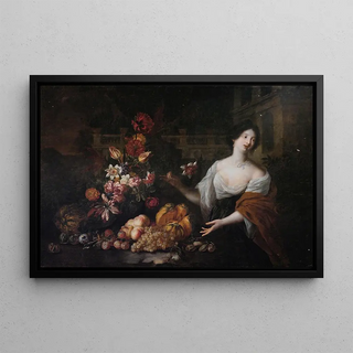 Jan Peter Van Bredael the Elder - Still life of flower in a park with a woman.webp
