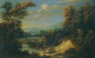 Jan Philip Spalthof - An Extensive Wooded River Landscape With Figures Resting In The Foreground Travellers Approaching A Walled City Beyond.webp