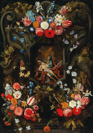 Jan Philips van Thielen - A garland of flowers surrounding a cartouche with a Piet.webp