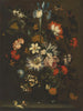 Ein Iris, Nelken, Rosen und andere Blumen in einer Vase aus Glas auf einem Sims mit Schmetterlingen - Jan Pieter Brueghel — Ansicht des Kunstwerks