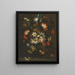 Ein Iris, Nelken, Rosen und andere Blumen in einer Vase aus Glas auf einem Sims mit Schmetterlingen - Jan Pieter Brueghel — gerahmtes Bild an der Wand