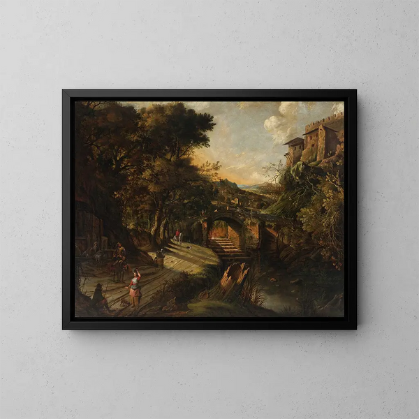 Italienisches Flusslandschaftsgemälde mit Figuren entlang eines Weges und Gebäuden in der Ferne - Jan Siberechts — gerahmtes Bild an der Wand