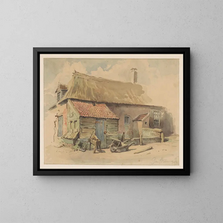 Jan Striening - Boerenhuis met houten aanbouw ervoor een kruiwagen en een slijpsteen.webp