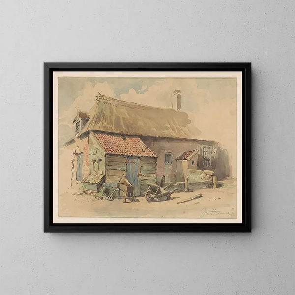 Bauernhaus mit Holzbau, Schubkarre und Mühle - Jan Striening — gerahmtes Bild an der Wand