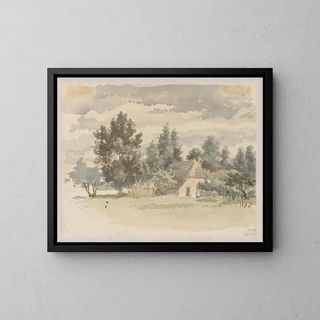 Landschaft mit Bauernhof, umgeben von Bäumen - Jan Striening — gerahmtes Bild an der Wand