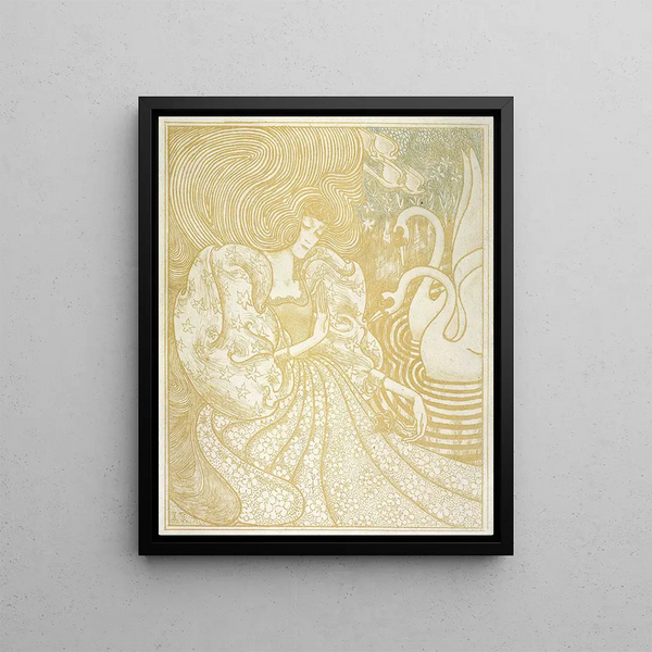 Frau mit einem Schmetterling in einem Teich mit zwei Schwänen - Jan Toorop — gerahmtes Bild an der Wand