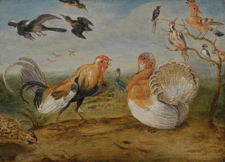 Jan Van Kessel The Elder - A Landscape With A Cockerel And A Turkey Squabbling And Other Fowl.webp