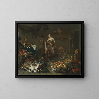 Jan Van Kessel The Elder - A kitchen interior with a maid and a servant conversing.webp