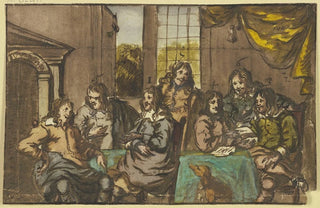 Jan Van Mieris - Sieben Herren in einem Zimmer um einen grnen Tisch sitzend mit Papieren beschftigt dabei ein Hund.webp