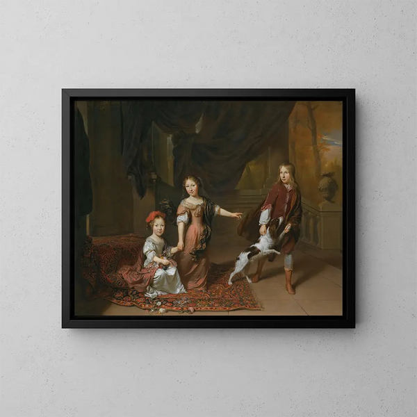 Ein Porträt von zwei Schwestern und ihrem Bruder, der mit einem Hund spielt - Jan Verkolje — gerahmtes Bild an der Wand