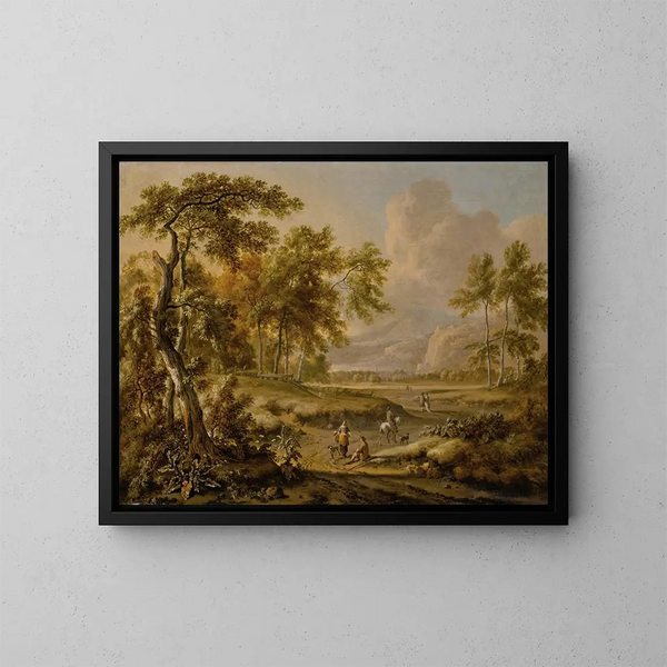 Ein weites Landschaft mit Figuren auf einem Weg im Vordergrund - Jan Wijnants — gerahmtes Bild an der Wand