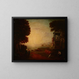 Landschaft mit einer Meeresbucht und alten Gebäuden - Jan Wołowski — gerahmtes Bild an der Wand