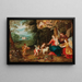 Die Heilige Familie mit dem Kind Johannes dem Täufer und Engeln in einer bewaldeten Landschaft mit einer Burg, die im Hintergrund von Wassergräben umgeben ist - Jan van Balen — gerahmtes Bild an der Wand