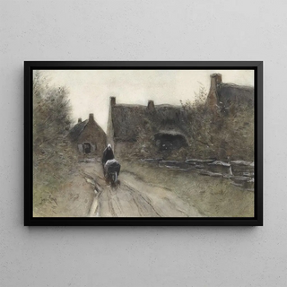 Jan van Essen - Dorpsgezicht met vrouw met kruiwagen.webp