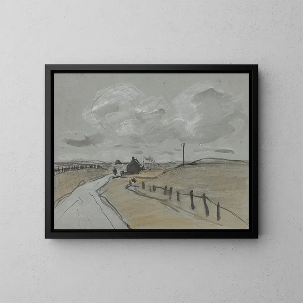 Ansicht entlang eines Weges mit hohen Ufer und Zäunen - Jan van Essen — gerahmtes Bild an der Wand
