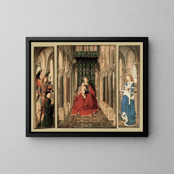 Triptychon von Maria und dem Kind, St. Michael und Katharina - Jan van Eyck — gerahmtes Bild an der Wand