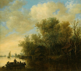 Jan van Goyen - A River Landscape With A FullyLaden Ferry Boat Approaching A Busy River Bank.webp