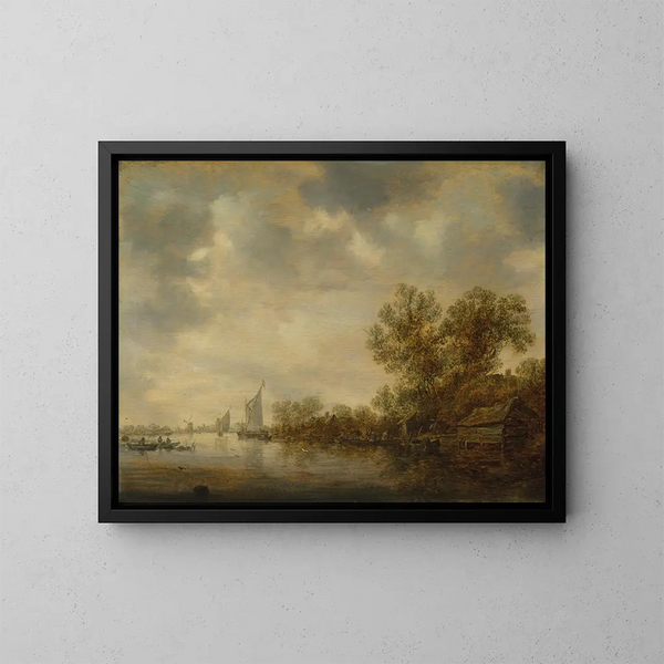Ein Flusslandschaft mit Segelschiffen, Fischerkähnen und einer Fähre mit Bauern und Vieh - Jan van Goyen — gerahmtes Bild an der Wand