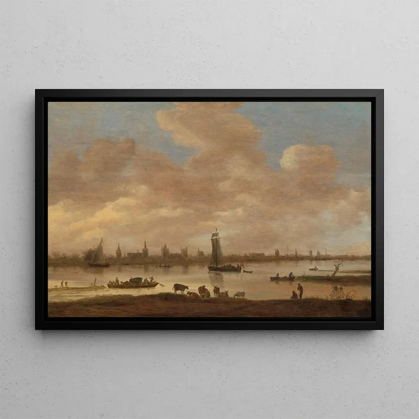 Ansicht einer imaginären Stadt auf der anderen Seite eines Flusses mit dem Turm von Saint-Pol in Vianen - Jan van Goyen — gerahmtes Bild an der Wand