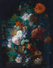 Stillleben mit Rosen, Tulpen, Pfingstrosen und anderen Blumen in einer Steingefäß mit einem Vogelnest auf einem Steinsockel vor einer Nische - Jan van Huysum — Ansicht des Kunstwerks