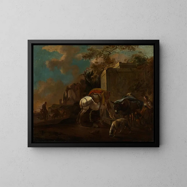 Italienisches Landschaftsgemälde mit Bauern und Vieh in der Nähe eines Brunnens - Jan van Ossenbeeck — gerahmtes Bild an der Wand