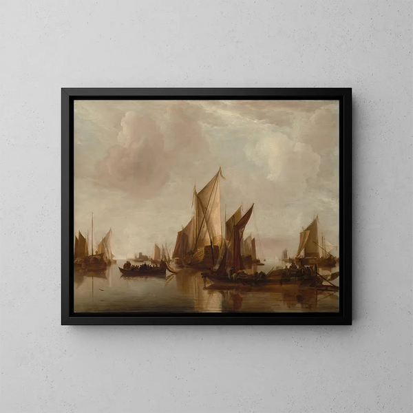 Ein Staatsyacht und andere Boote in ruhigem Wasser - Jan van de Cappelle — gerahmtes Bild an der Wand