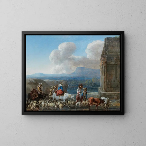 Bergers und Reisende in der Nähe eines Triumphbogens in der römischen Landschaft - Jan van den Hecke — gerahmtes Bild an der Wand